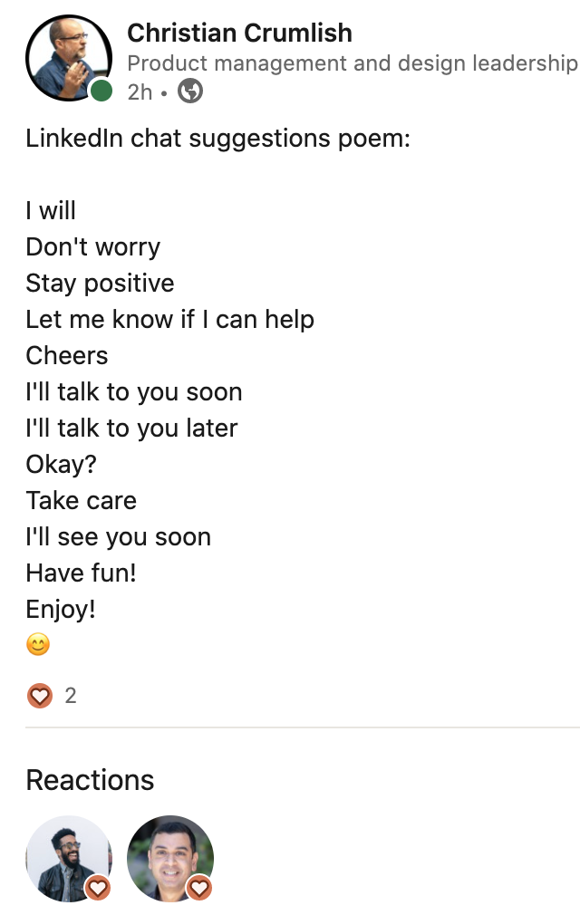 LinkedIn chat suggestion poem