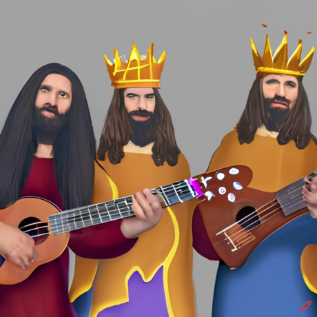 three long haired kings, one with guitar, one with ukulele