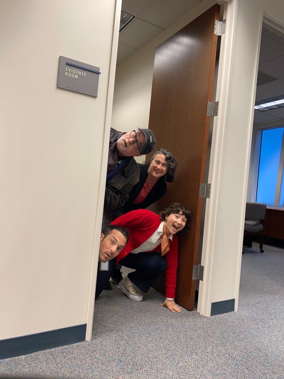 Christian, researcher Sarah Letson, designer Erica Stivison, and data deputy Jason Lally in the ODI office in Oakland, peeking out of the Evidence Room.