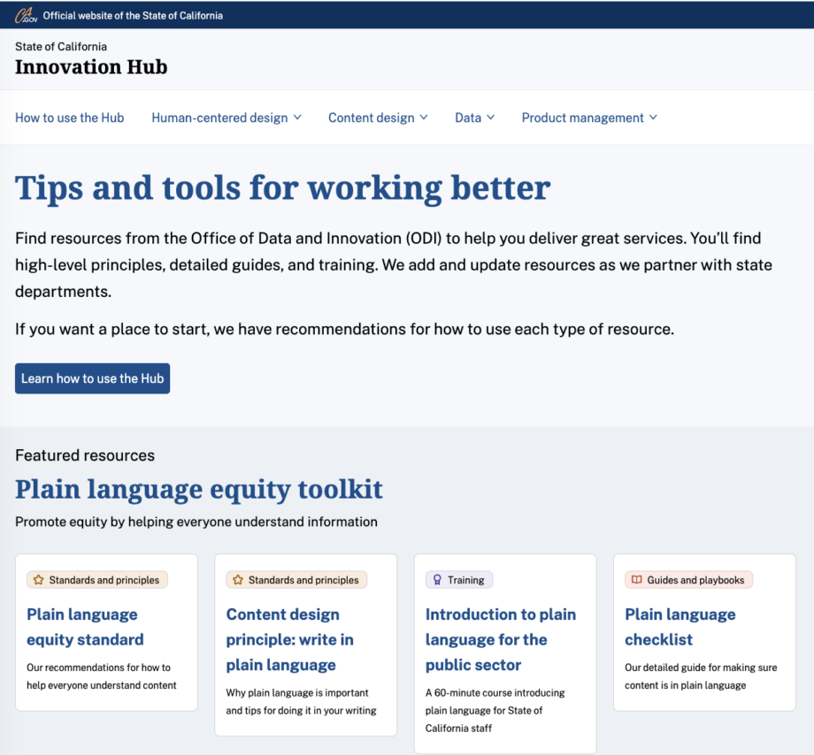 home page of the Innovation Hub with the headline "Tips and tools for working better" a button reading "Learn how to use the Hub" and a Featured resources section labeled "Plain language equity toolkit."