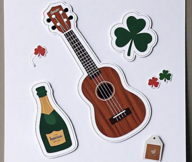 papdr cutouts of a ukulele, a bottle of champagne, and some shamrocks