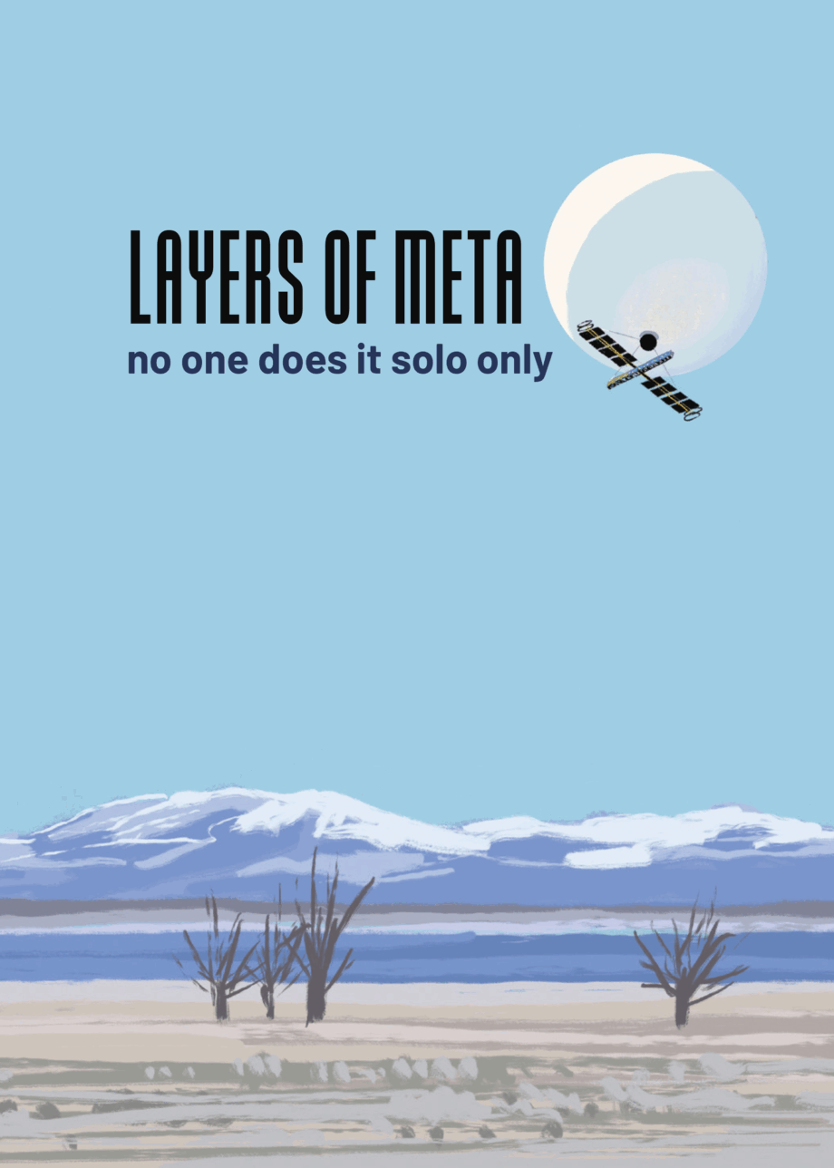 The album cover cut to poster proportions, with the moon and a satellite in a blue sky above snow-covered mountains in the desert west.