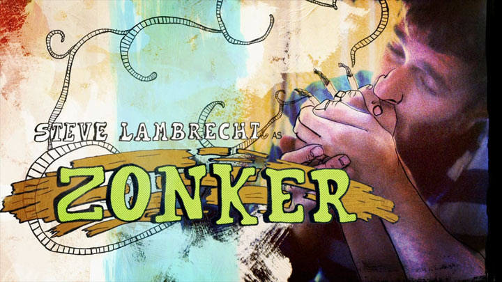 title card from "Magic Trip: Ken Kesey's Search for a Cool Place" showing Steve Lambrecht whistling through his hands (or smoking something), with the label ZONKER