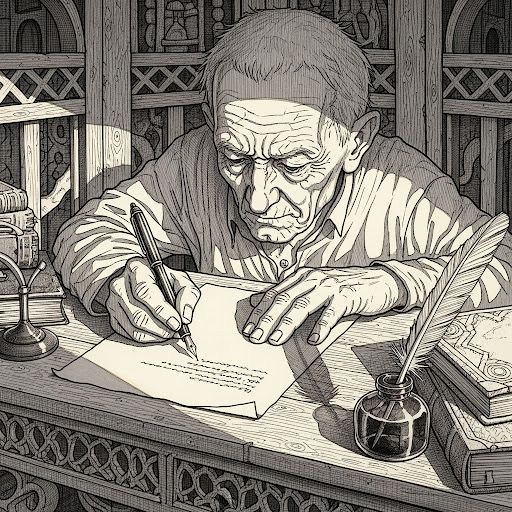 a pen-and-ink style illustration made by Genesis in a style suitable for a 20th century literary magazine — a closeup of the writer as an old man writing with pen on paper at an old fashioned desk (no technology) in slanting afternoon light — subtly the shadows and details and patterns of the space surrounding him hint that he sits inside a vast labyrinth