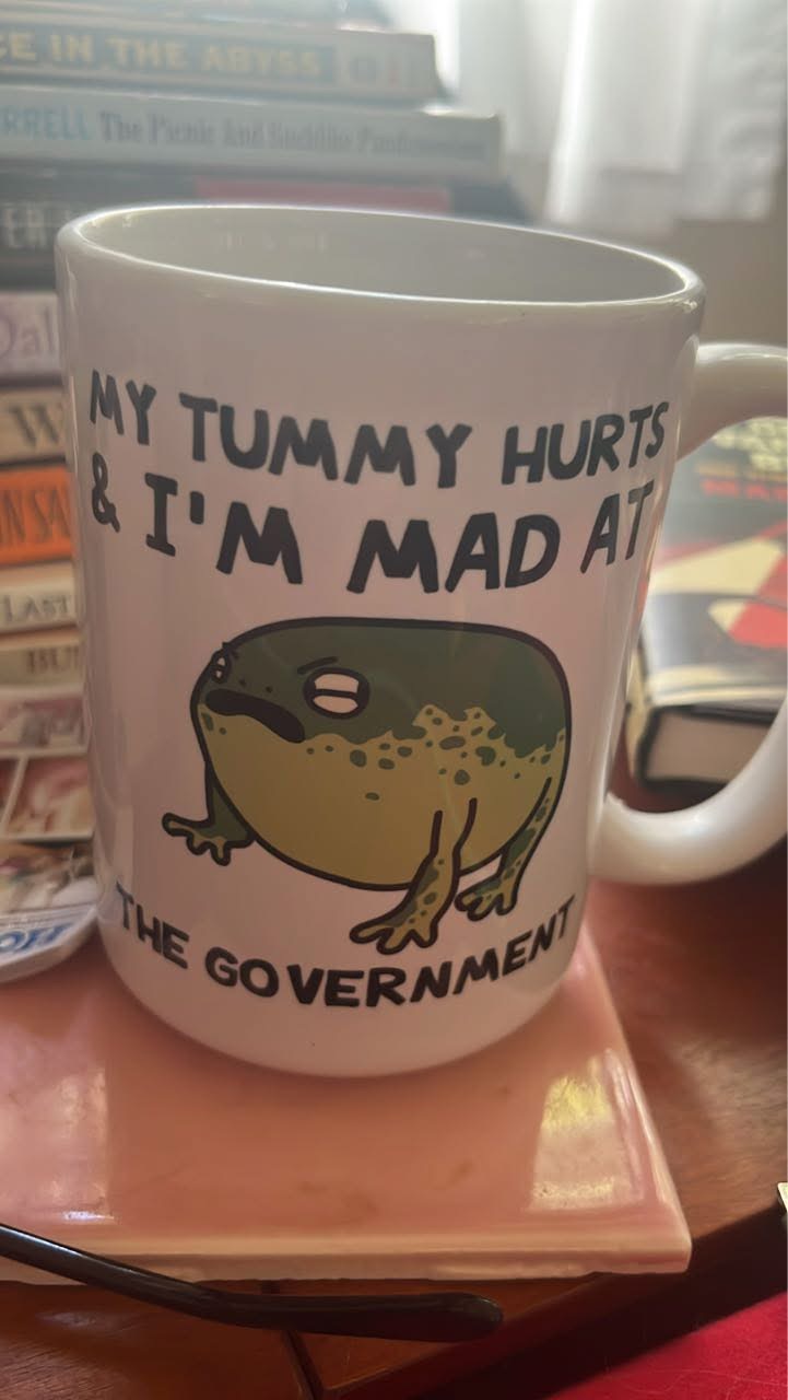 “my tummy hurts and I’m mad a the government” (written on a mug with a picture of a large frog