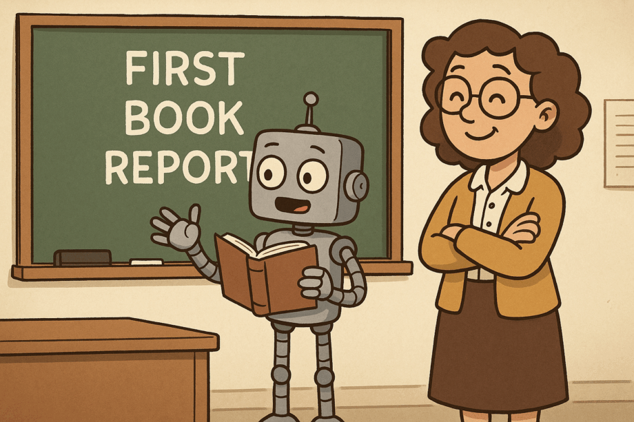A proud teacher looks on as a robot student give its first book report. 