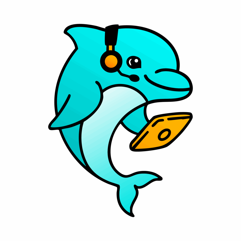 A teal dolphin wearing a headset and holding an orange tablet